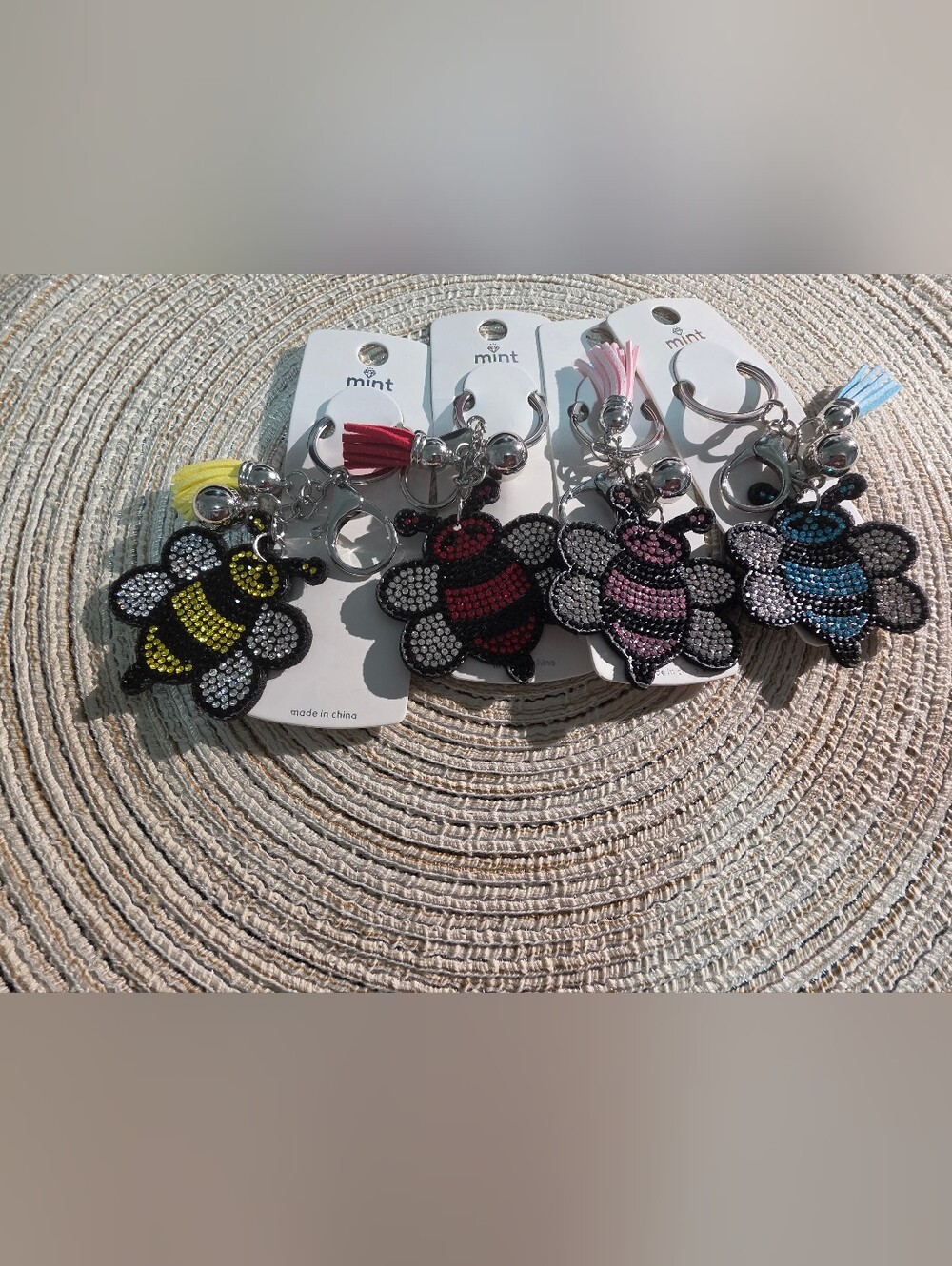 Luxury Rhinestone Bee Keychain 4-Piece Bundle - Cute Crystal Honeybee Keyring Co